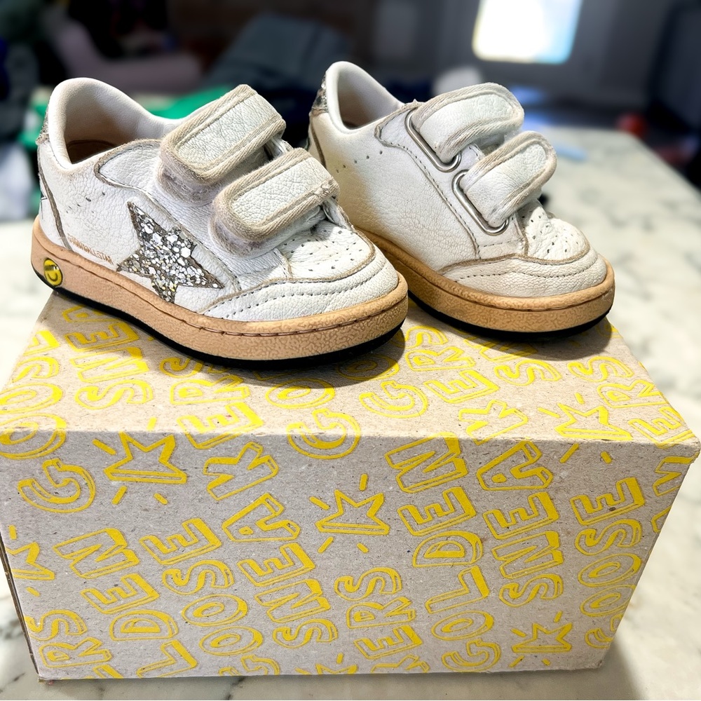 Golden Goose White and Gold Sneakers with Velcro Straps